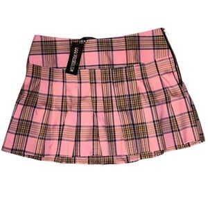 Dolls Kill Pink Plaid Pleated Mini Skirt with Black & Brown Accents
